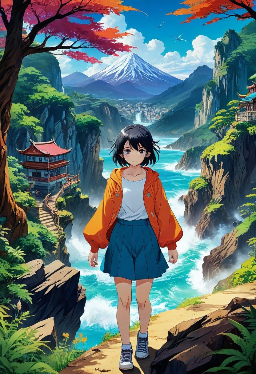 A whimsical and artistic representation of a vibrant anime-inspired world filled with colorful manga pages, dynamic animations, and playful gaming elements. Include iconic characters expressing various emotions, surrounded by fantastical landscapes that evoke a sense of adventure and exploration. The scene should blend elements of adult themes with fantasy, showcasing a diverse demographic engaged in immersive activities. Capture a sense of depth and richness in colors and details. vivid colors. illustrative style. dynamic composition.