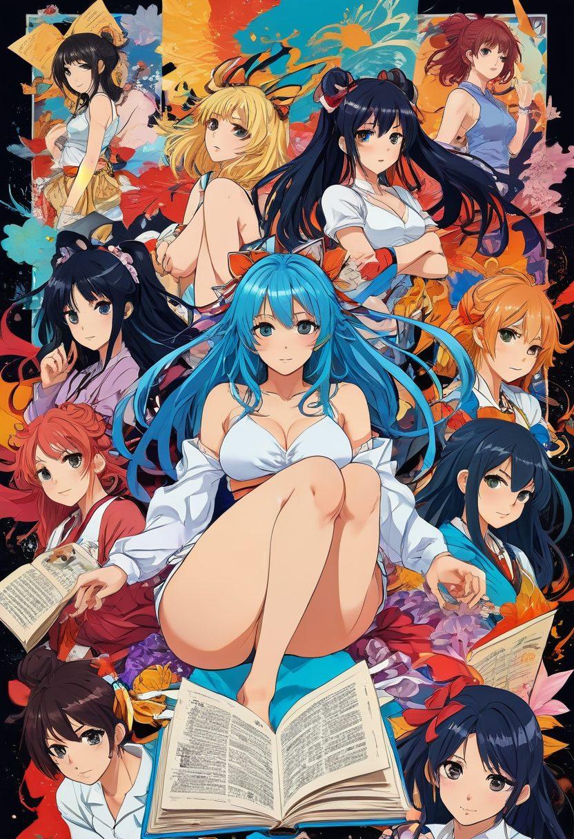 A vibrant and eclectic collage representing various aspects of hentai culture, featuring stylized anime characters, manga panels, and digital art references, all interconnected by a flowing ribbon of creativity. Include subtle elements depicting community gatherings and online discussions, set against a colorful abstract background that conveys the dynamic nature of adult entertainment. Incorporate visual metaphors like an open book and diverse figures to represent understanding and impact. vibrant colors. digital art.